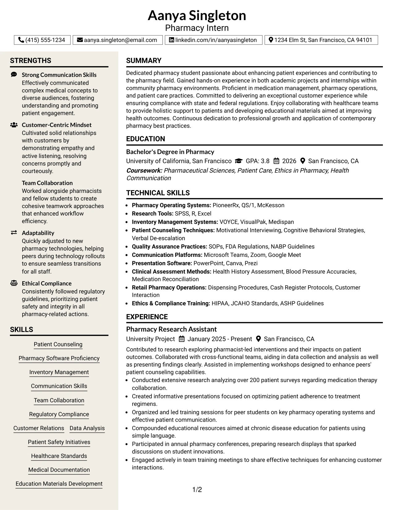 Resume Example Page 1