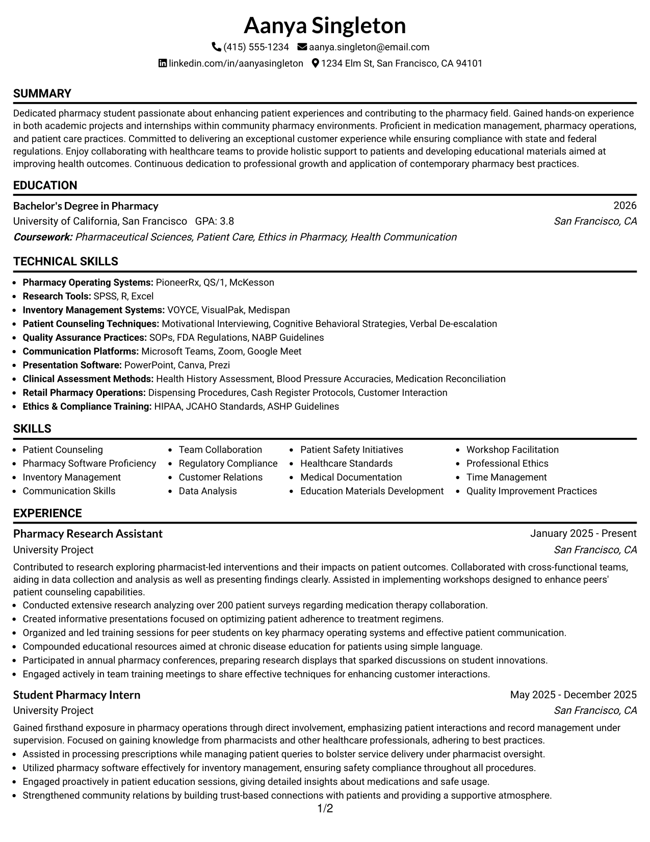 Resume Example Page 1