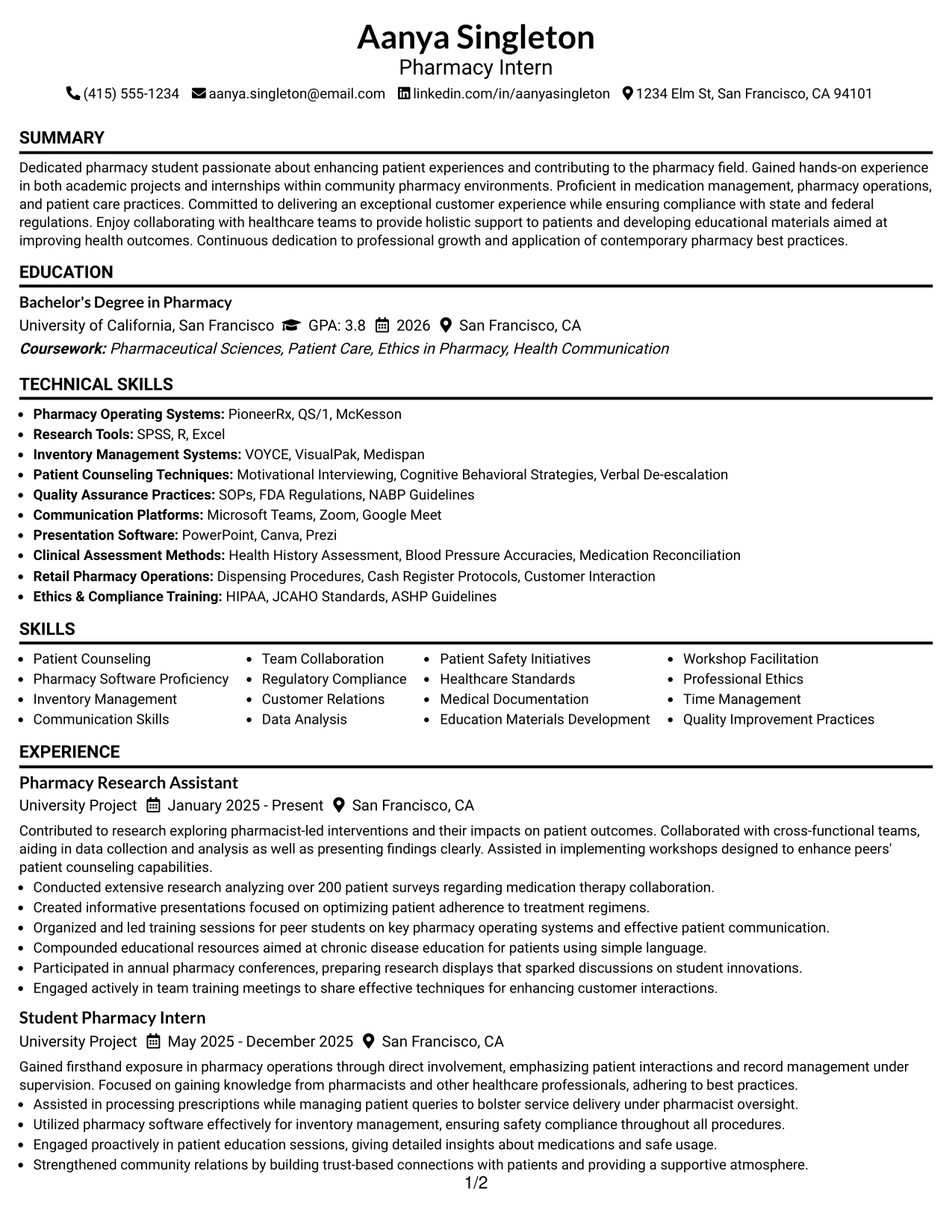 Resume Example Page 1
