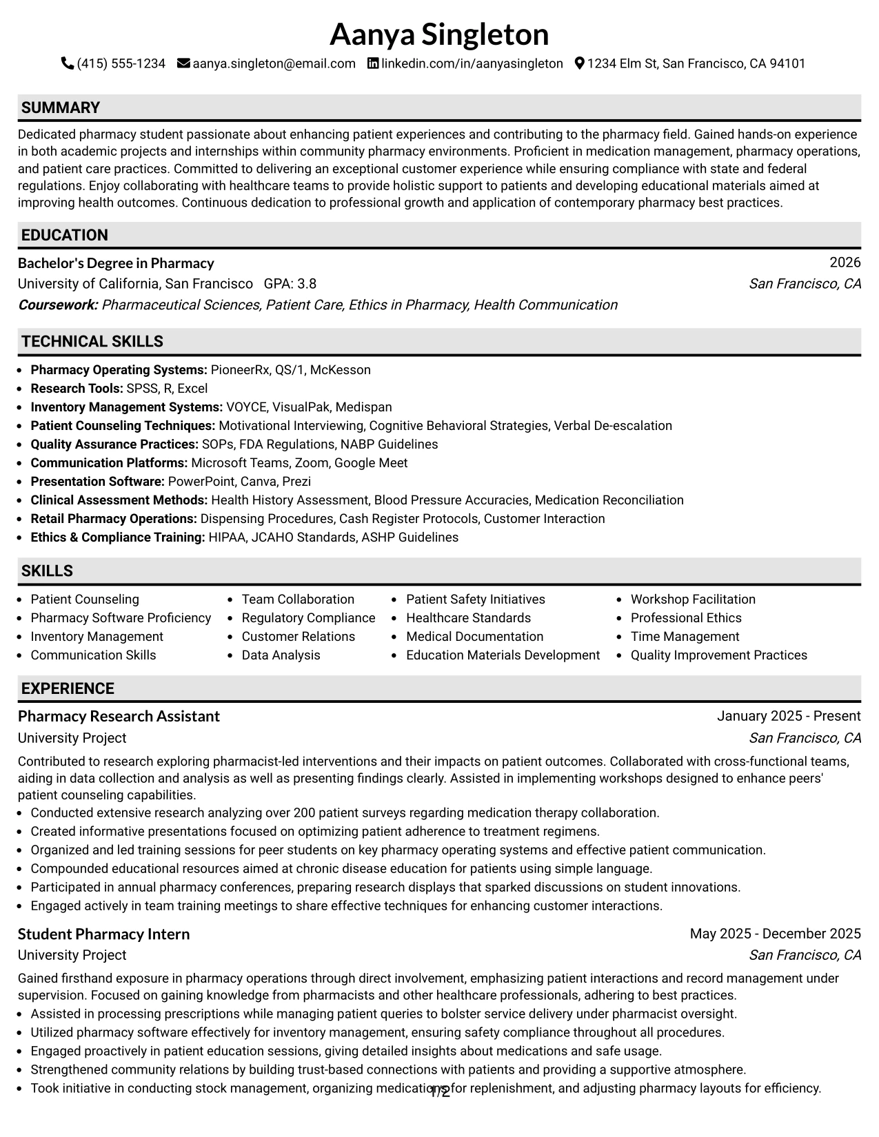 Resume Example Page 1