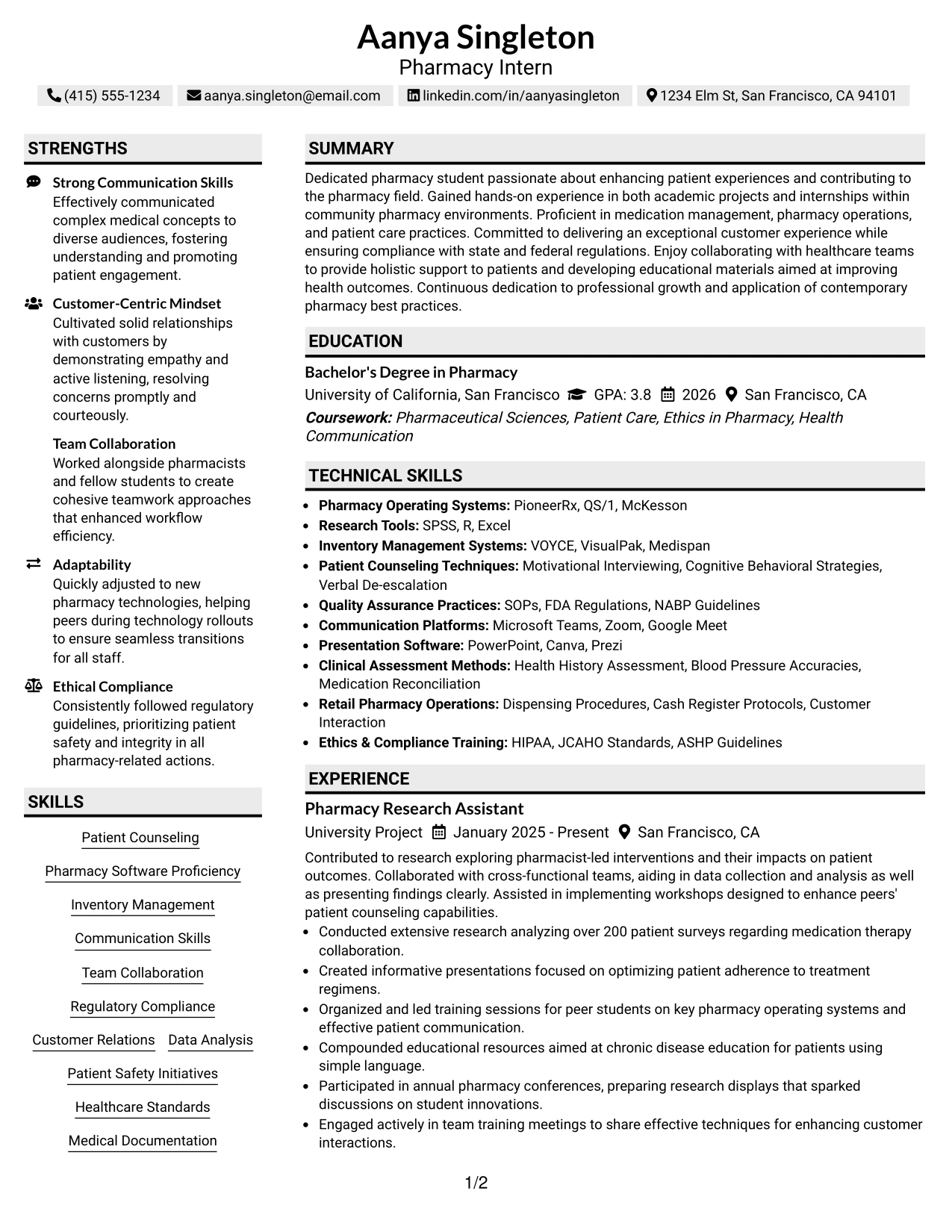 Resume Example Page 1