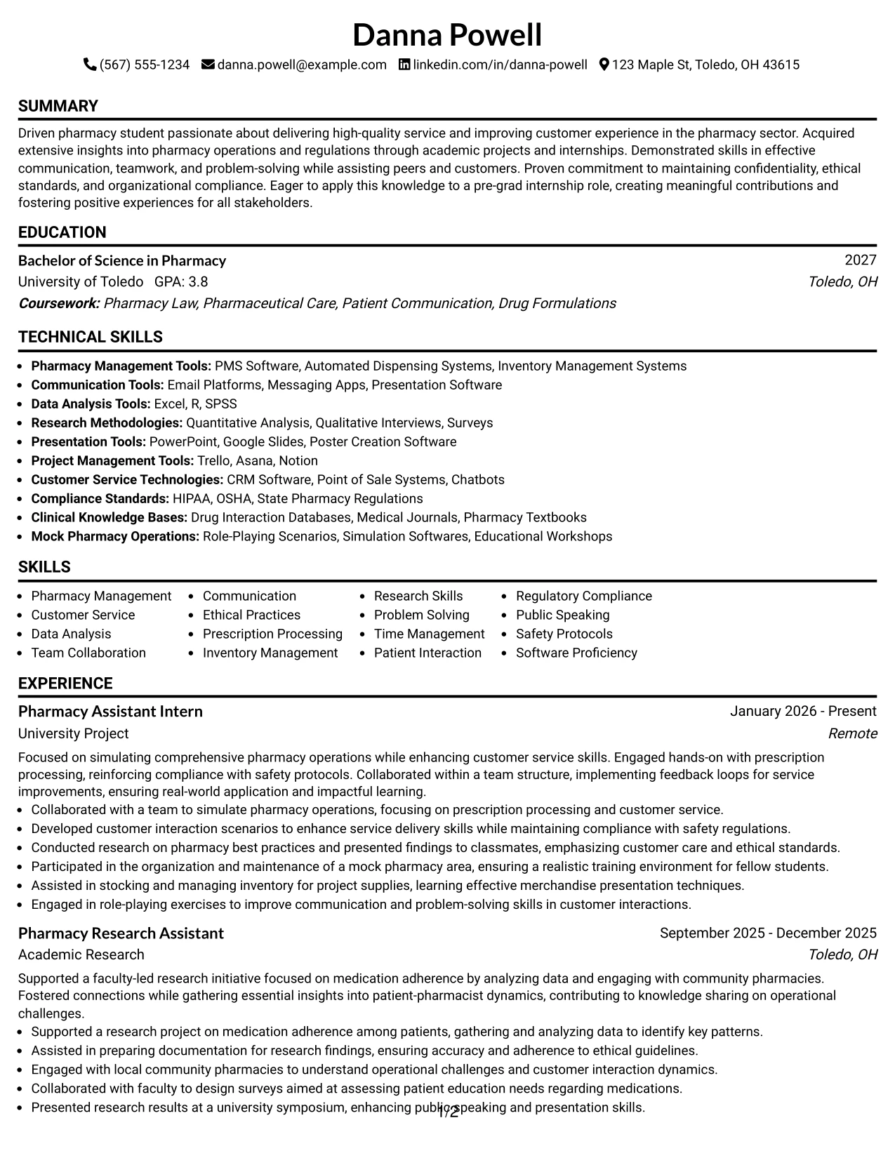 Resume Example Page 1