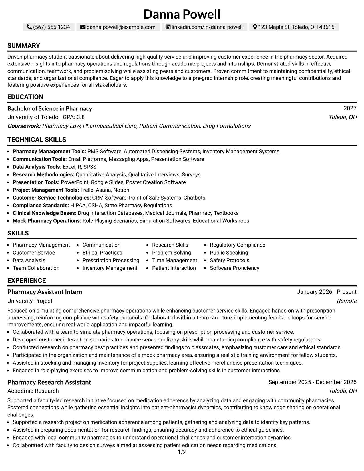 Resume Example Page 1