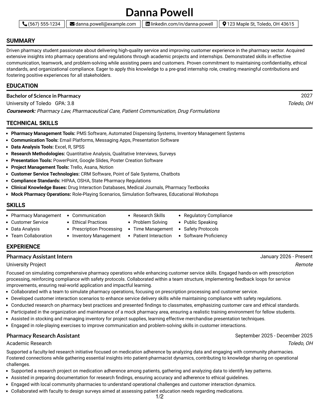 Resume Example Page 1
