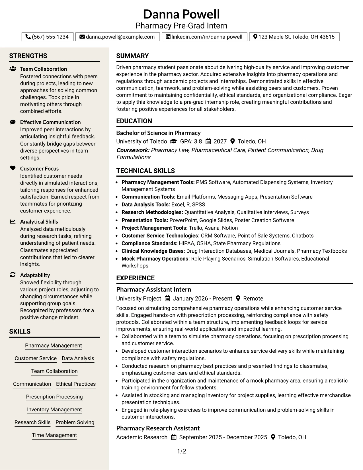 Resume Example Page 1