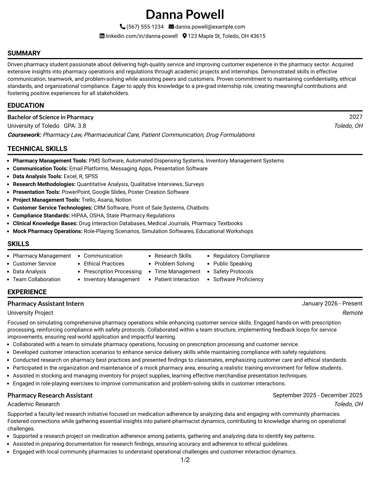 Resume Example Page 1