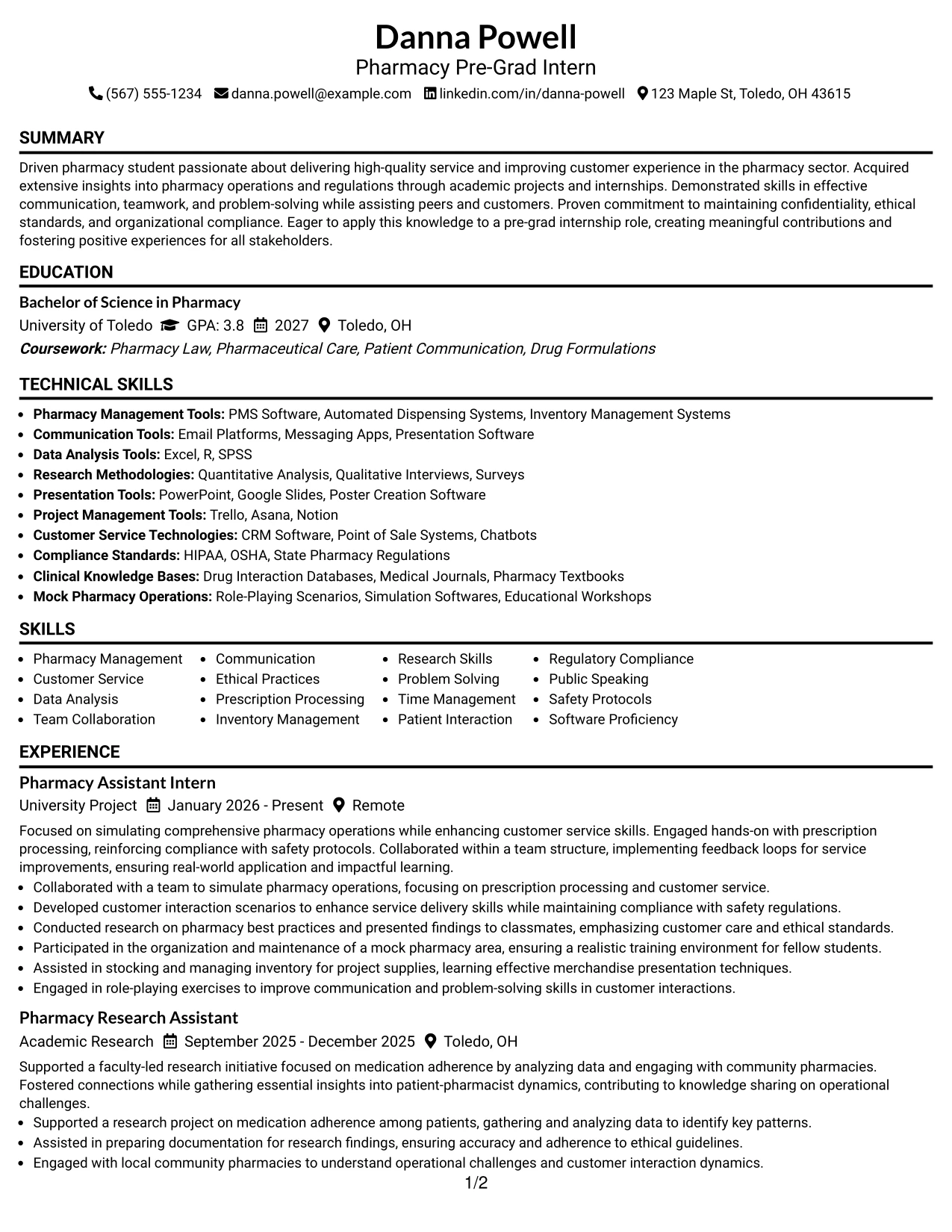 Resume Example Page 1