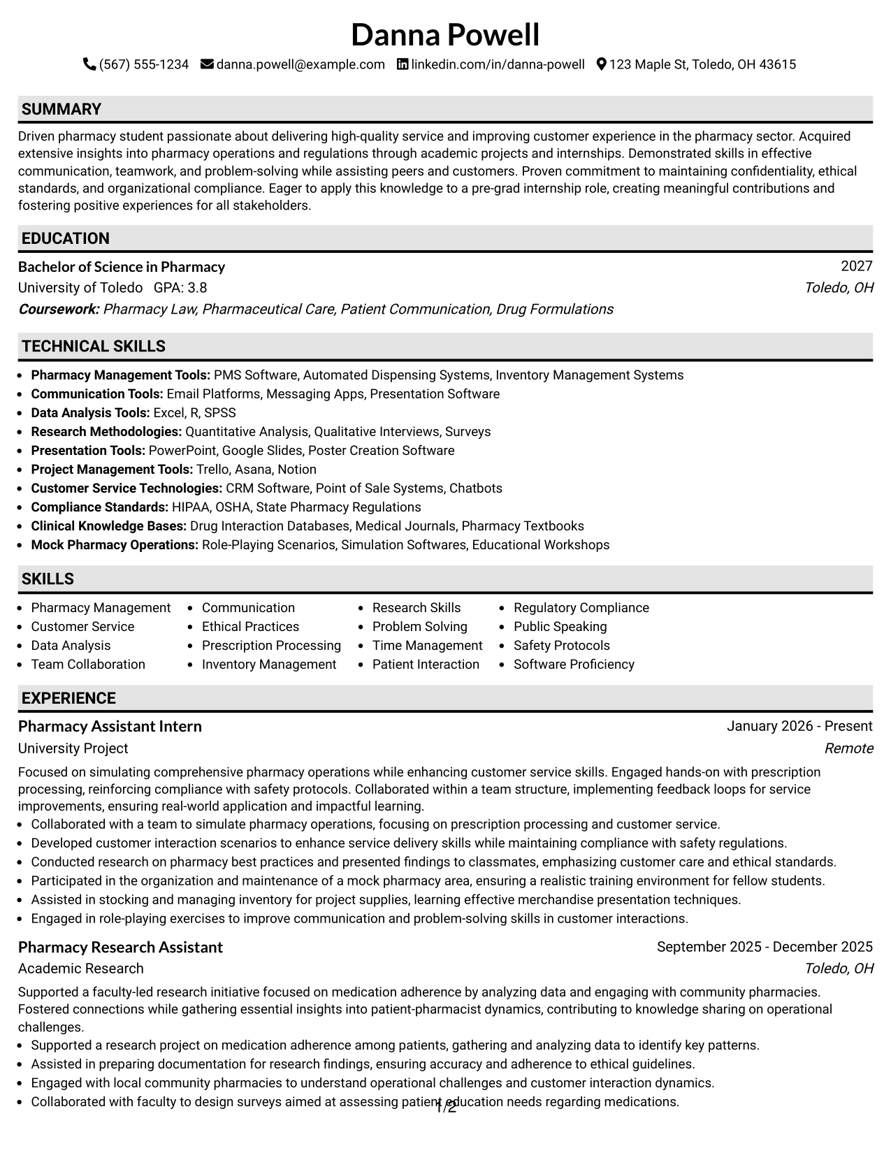 Resume Example Page 1