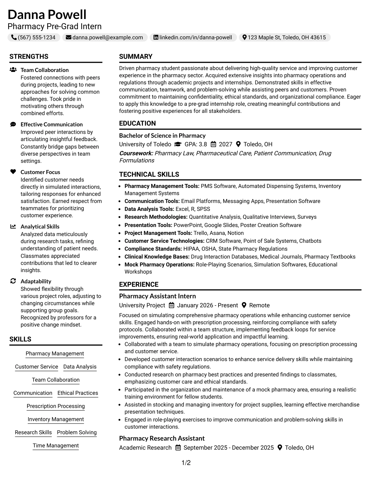Resume Example Page 1