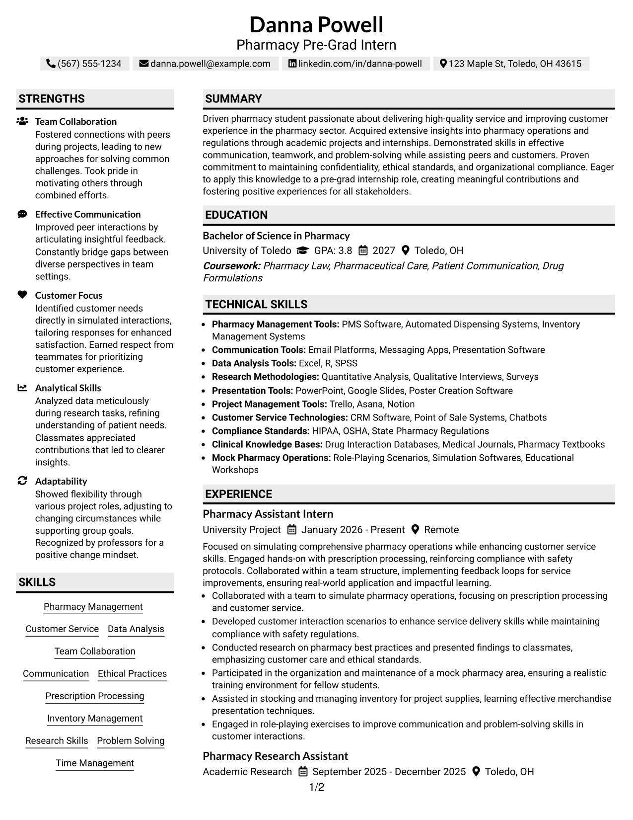 Resume Example Page 1
