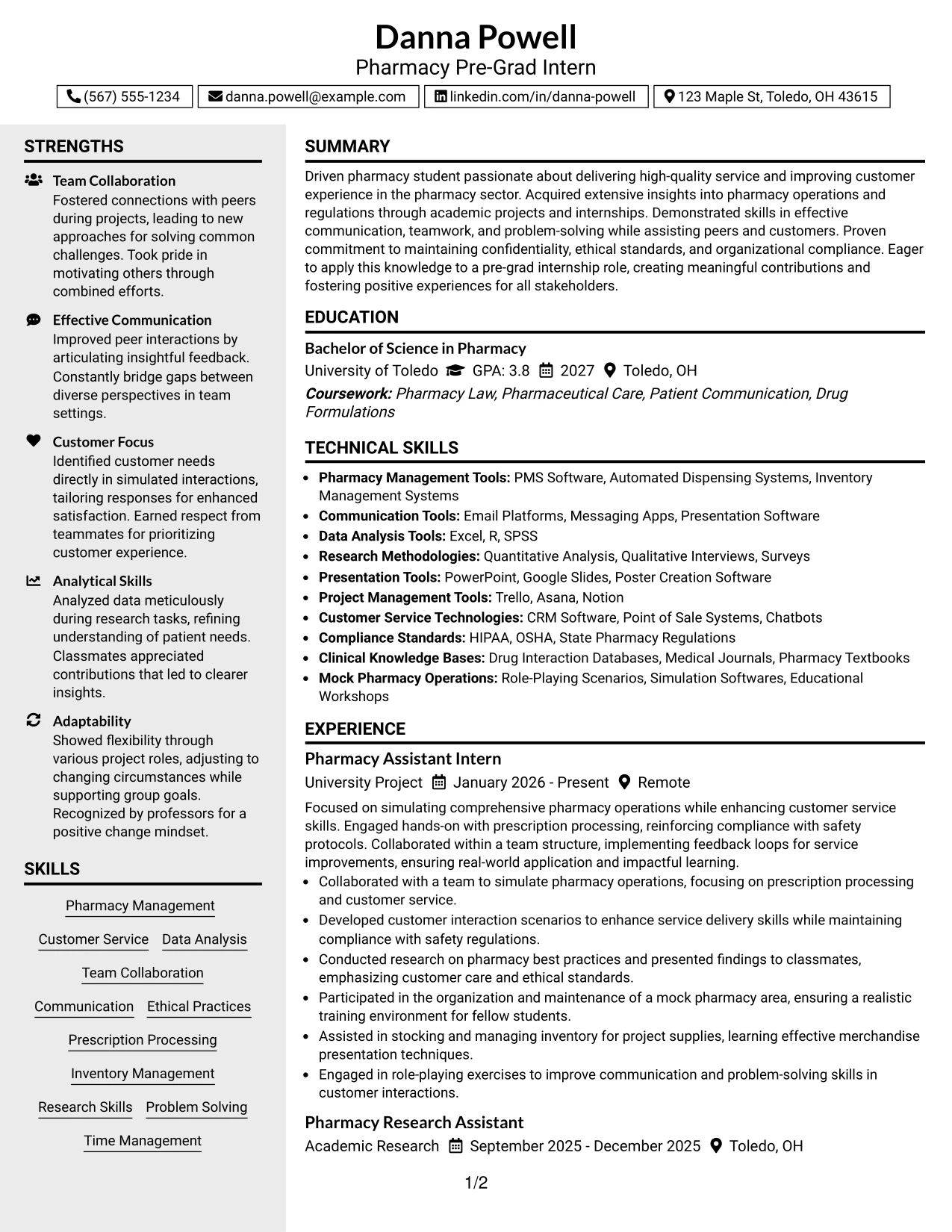 Resume Example Page 1