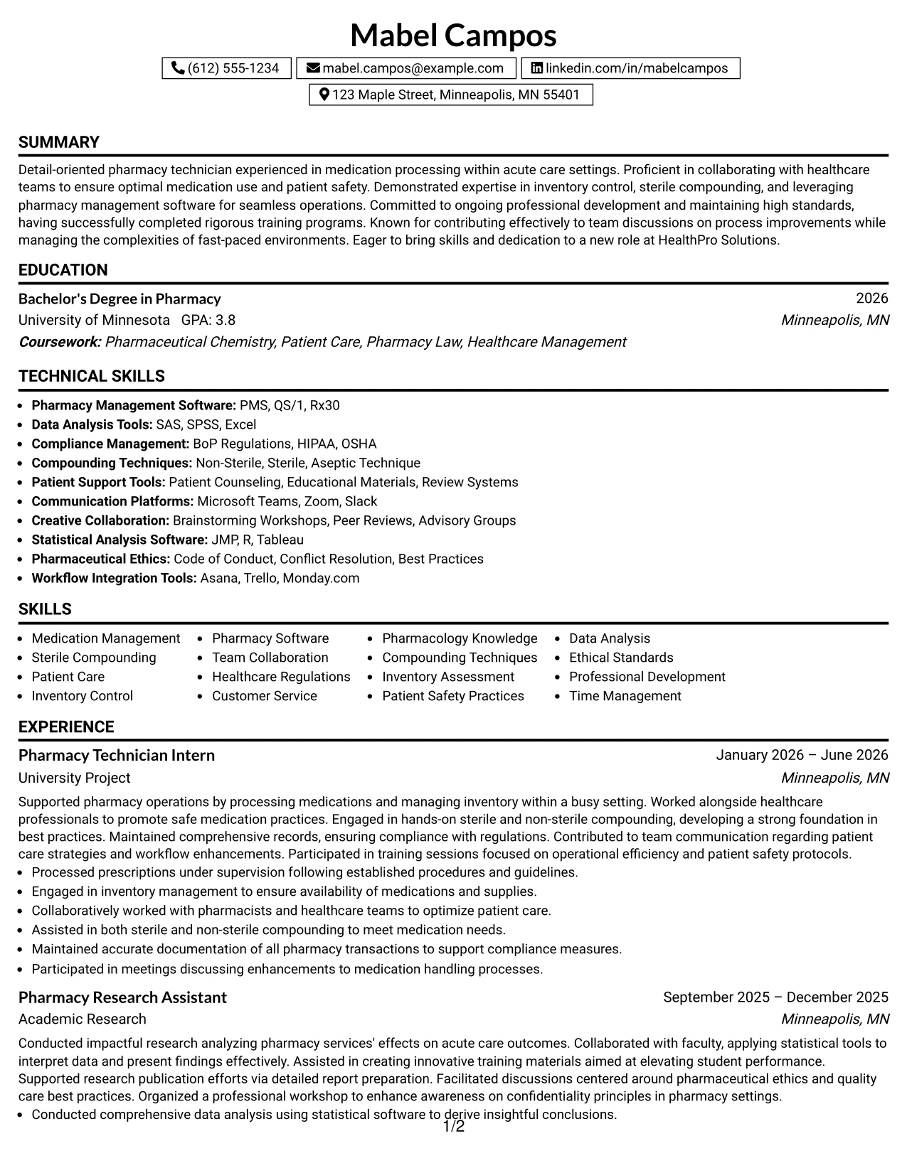 Resume Example Page 1