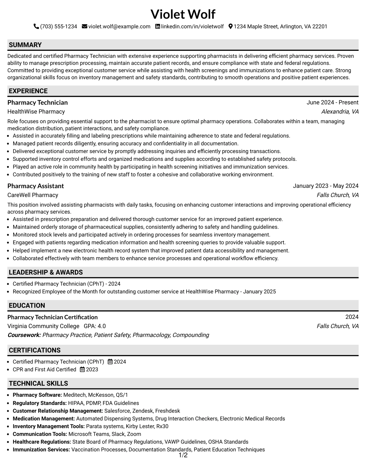 Resume Example Page 1