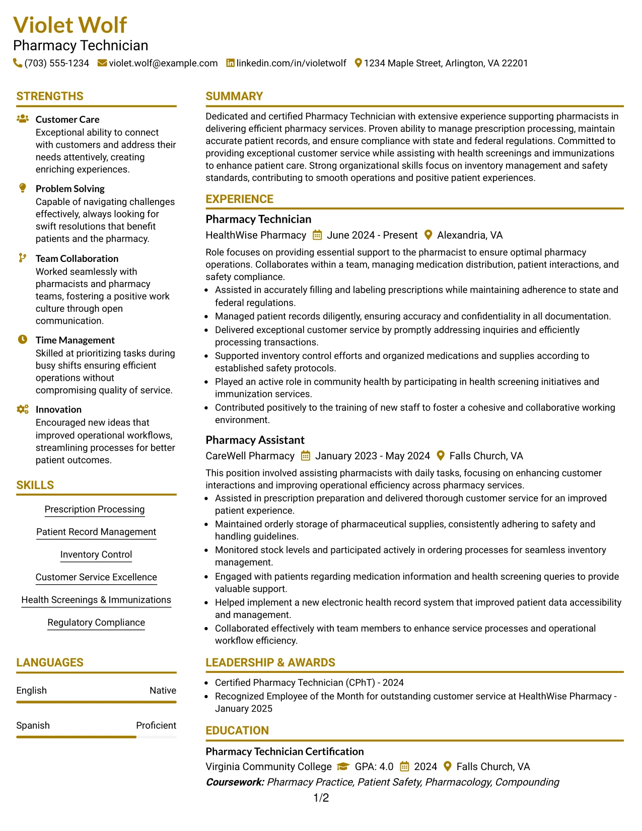Resume Example Page 1