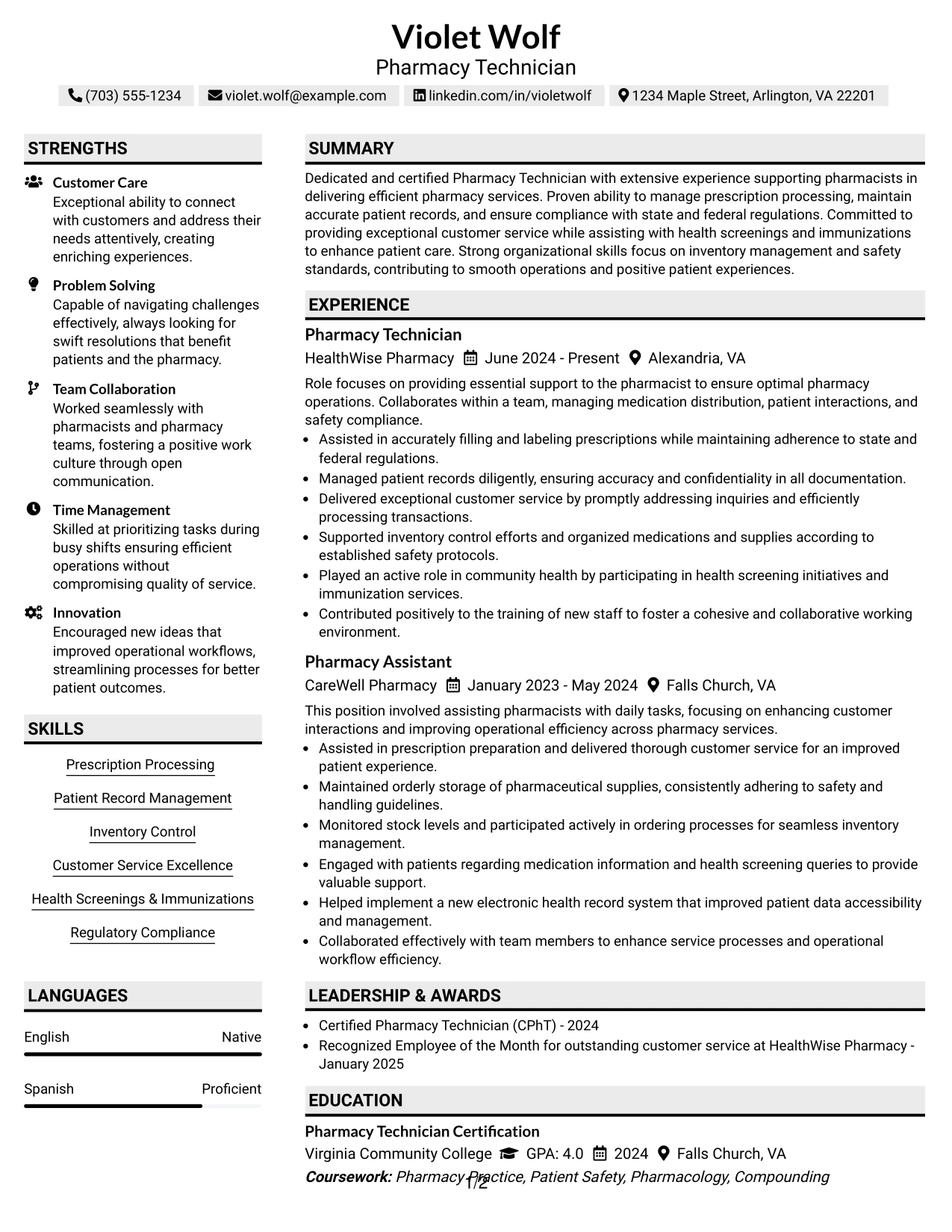 Resume Example Page 1