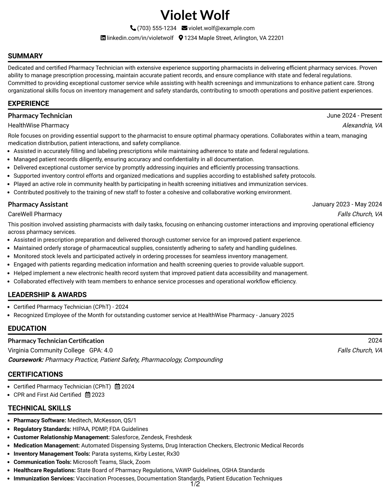 Resume Example Page 1