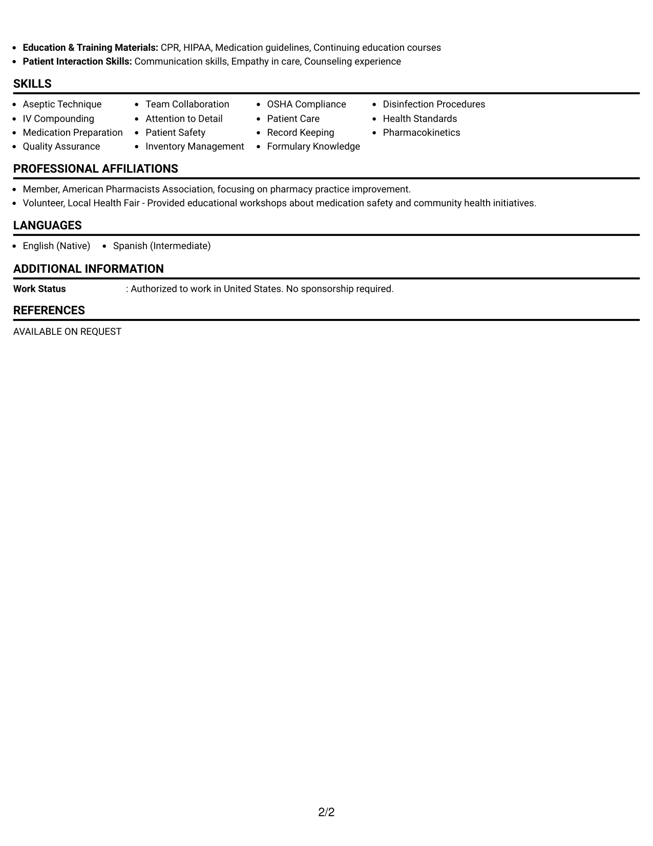Resume Example Page 2