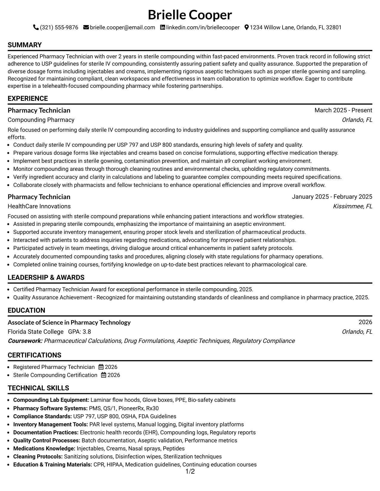 Resume Example Page 1