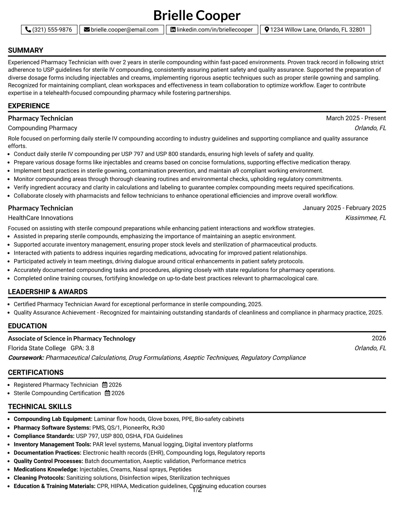 Resume Example Page 1