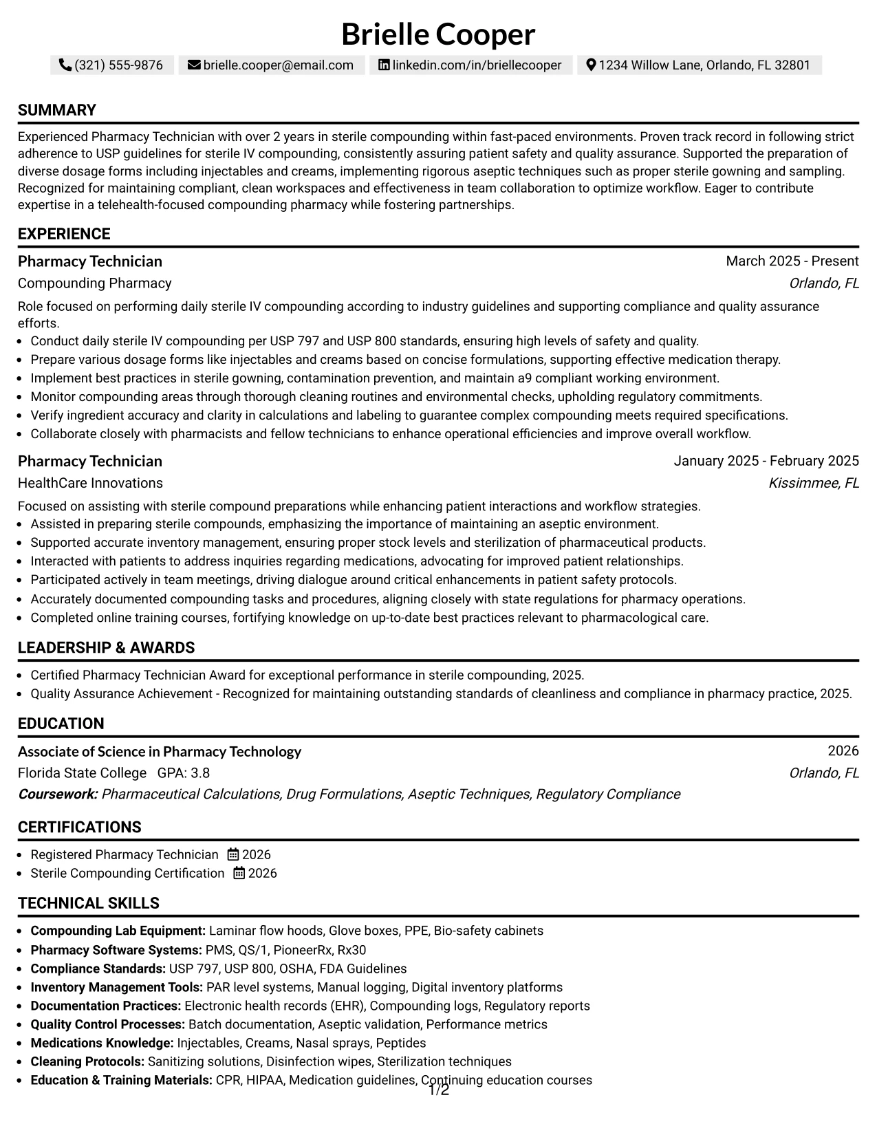 Resume Example Page 1