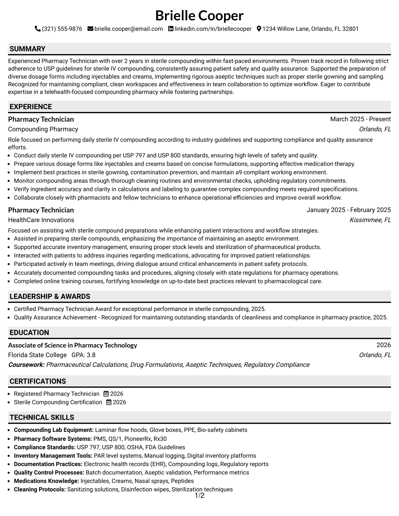 Resume Example Page 1