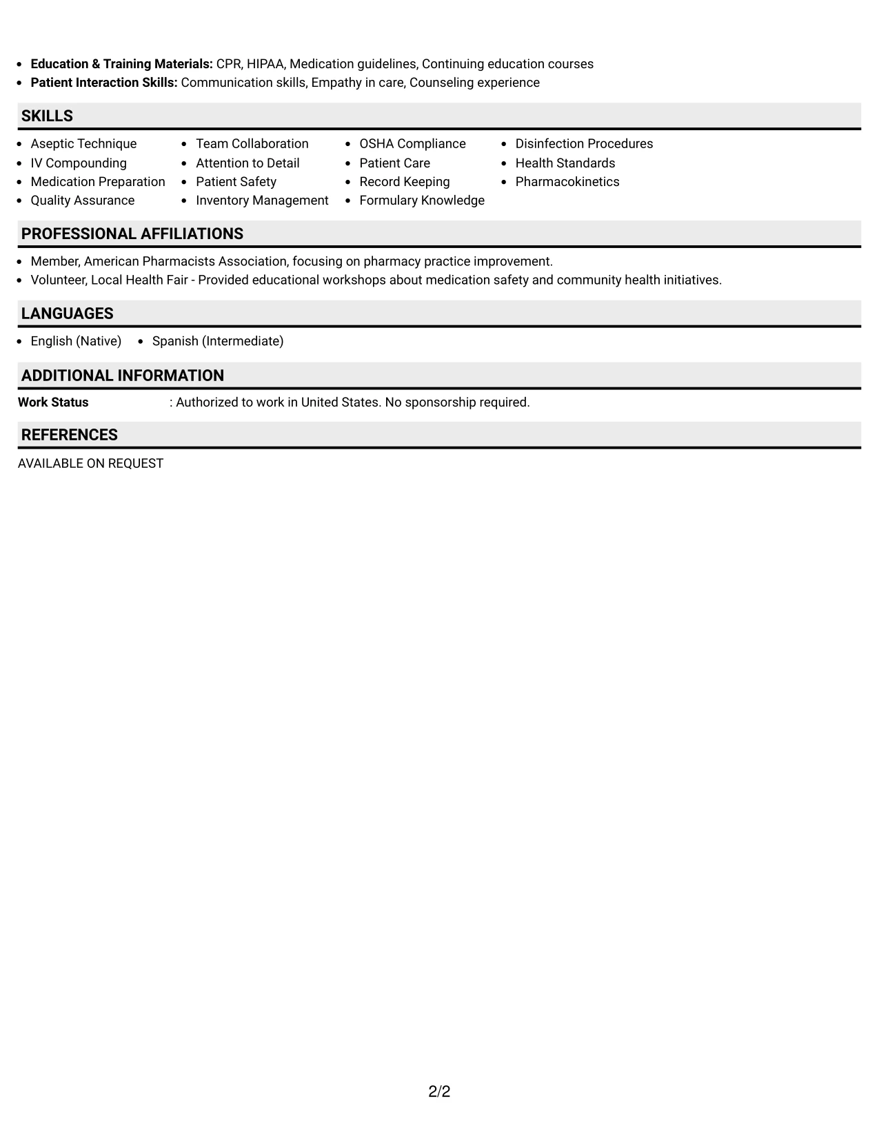 Resume Example Page 2