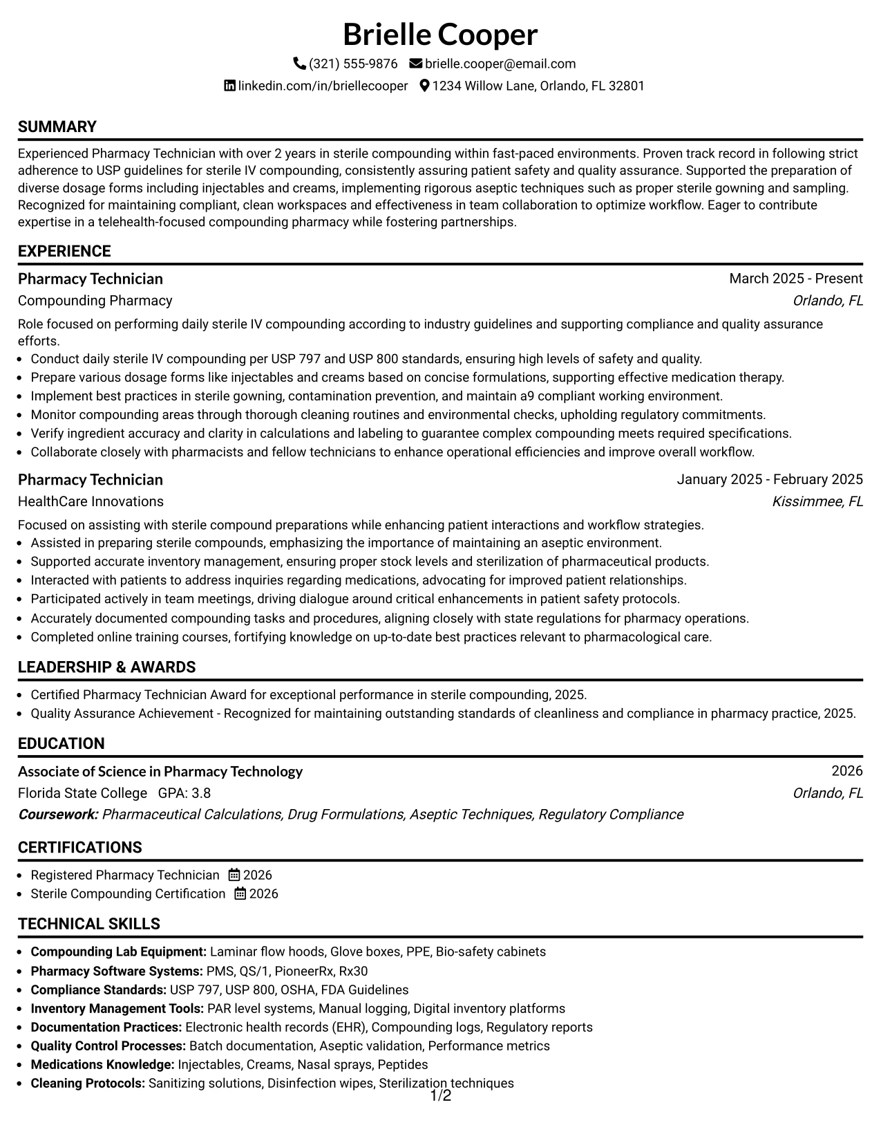 Resume Example Page 1