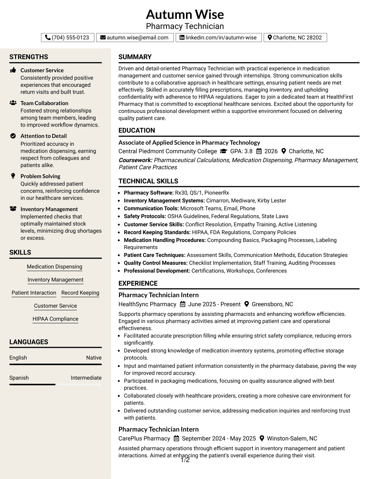 Resume Example Page 1