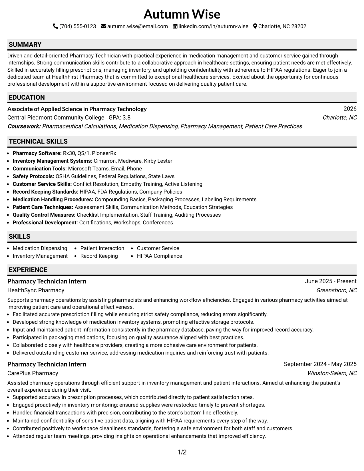 Resume Example Page 1