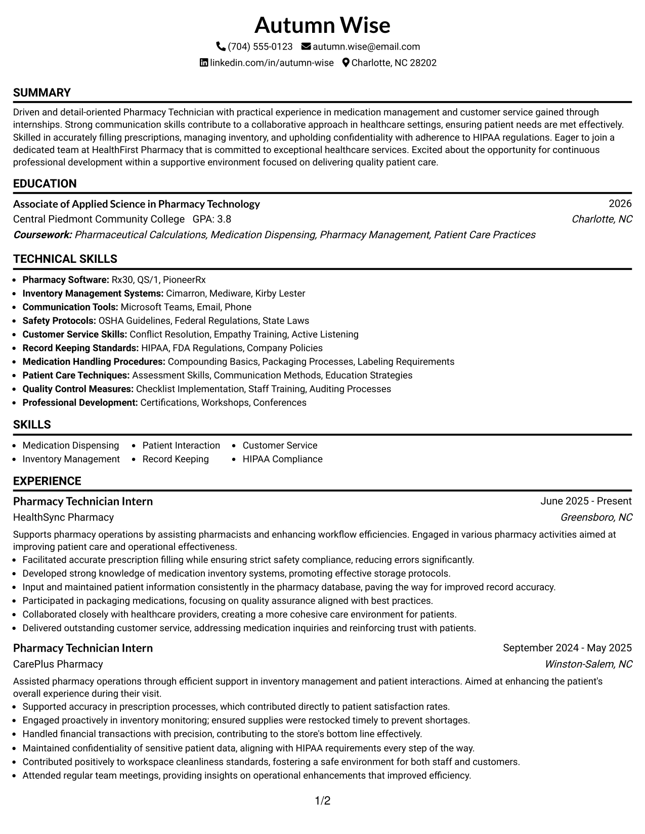 Resume Example Page 1