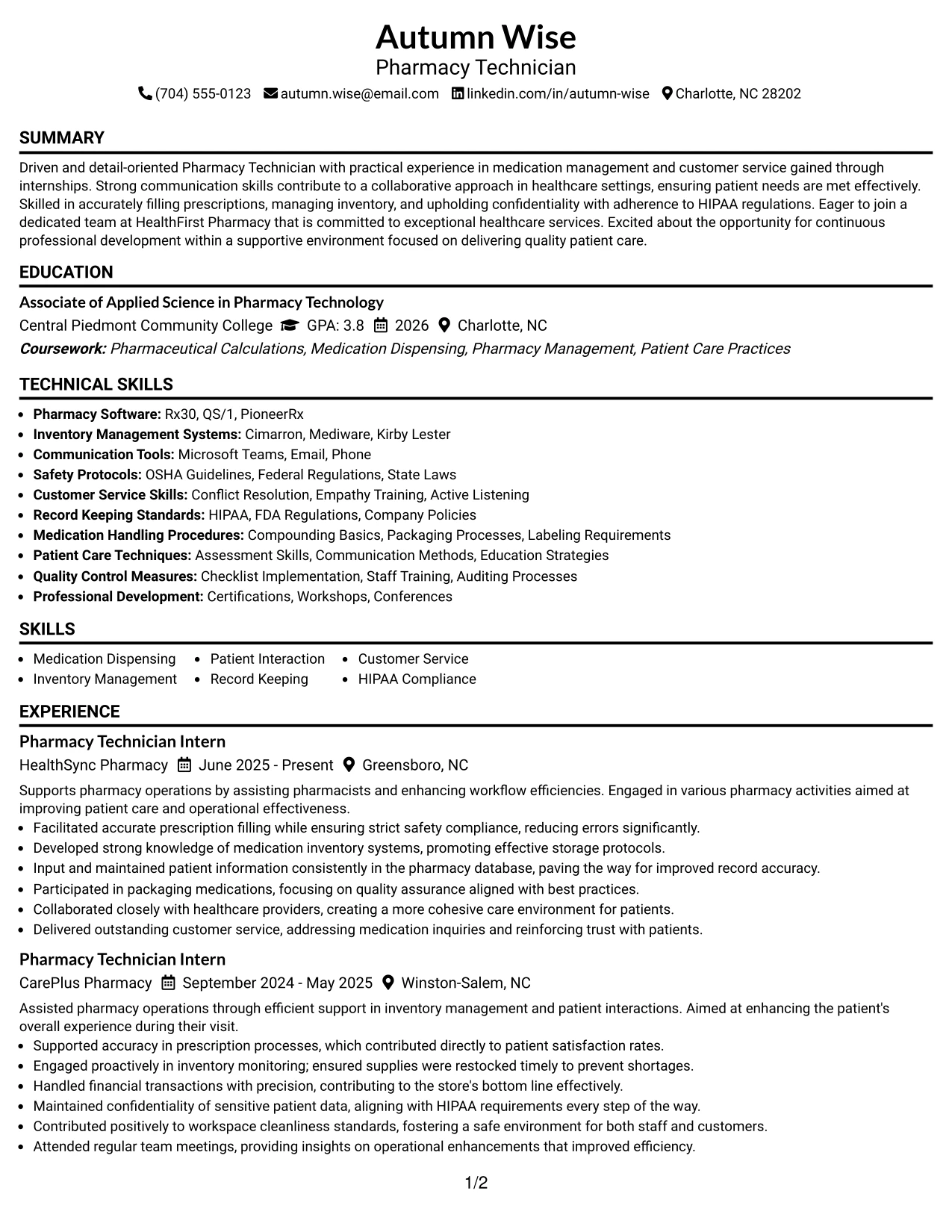 Resume Example Page 1