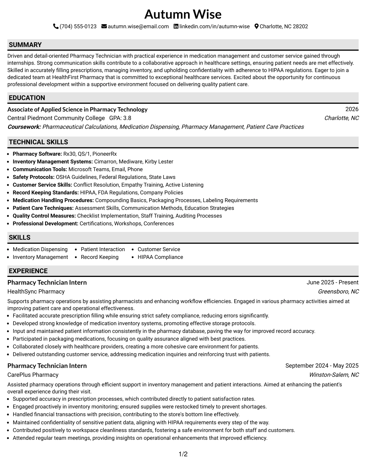 Resume Example Page 1