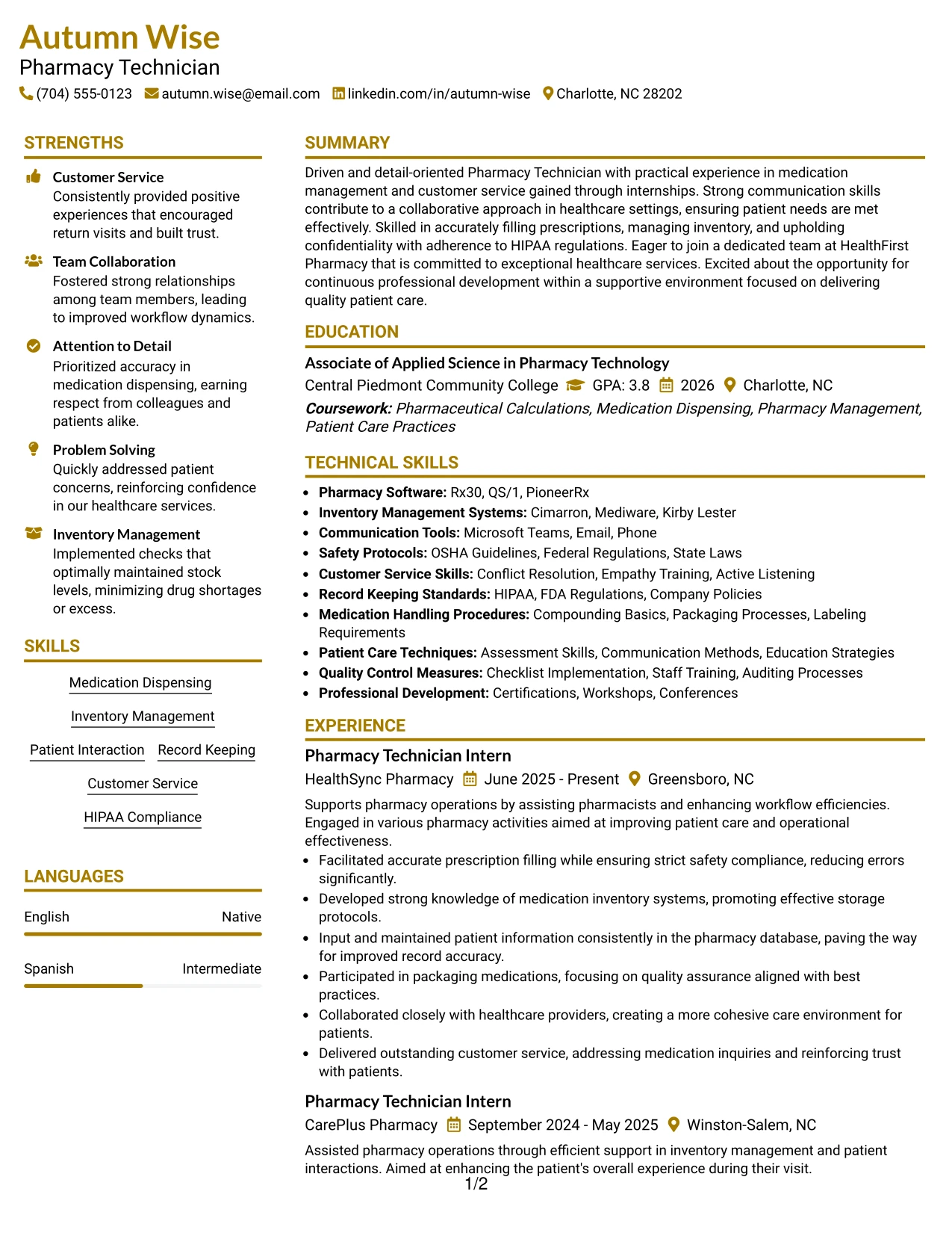 Resume Example Page 1
