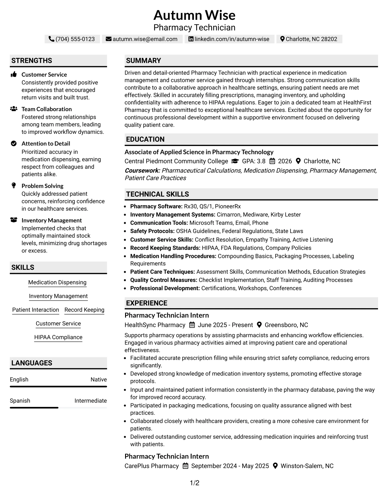 Resume Example Page 1
