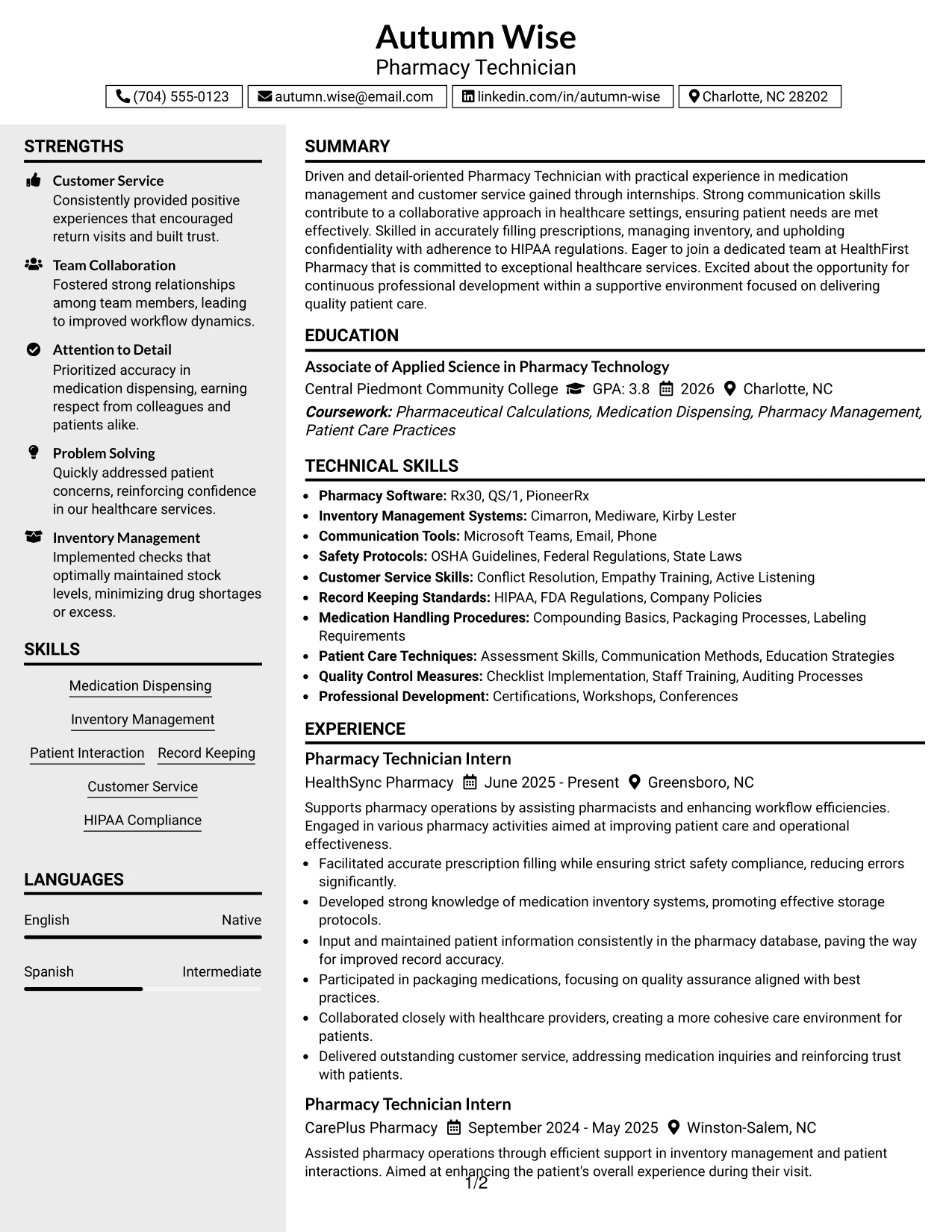Resume Example Page 1