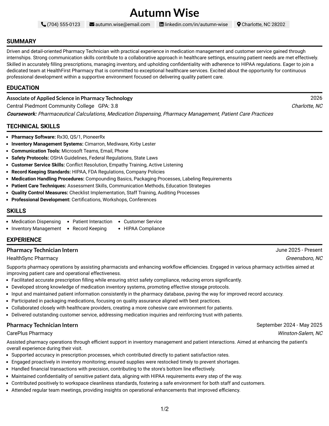 Resume Example Page 1