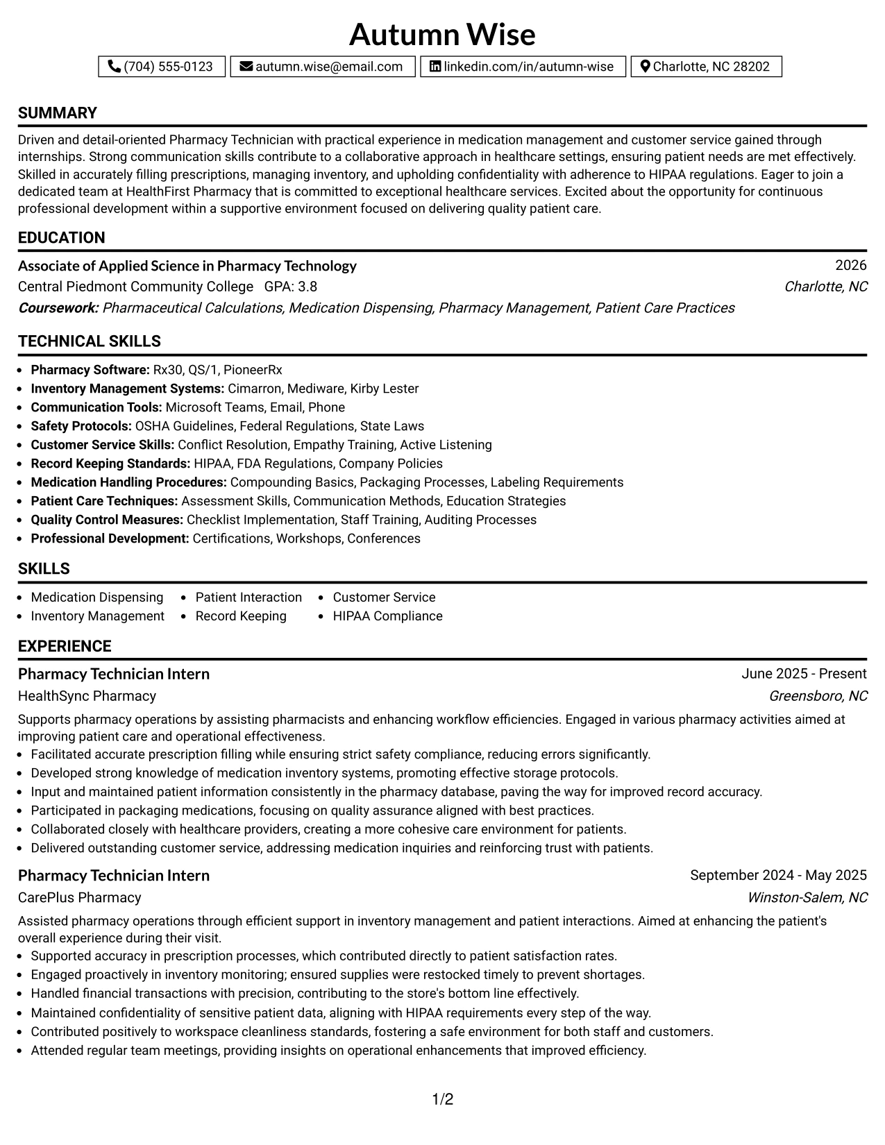 Resume Example Page 1