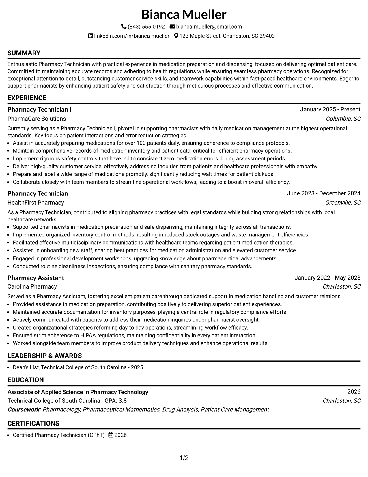 Resume Example Page 1