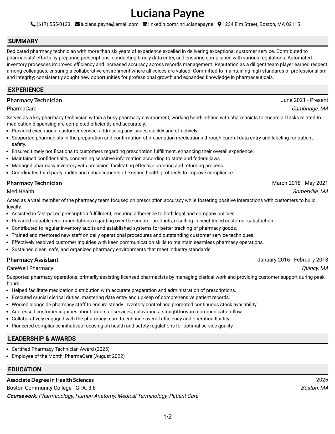 Resume Example Page 1