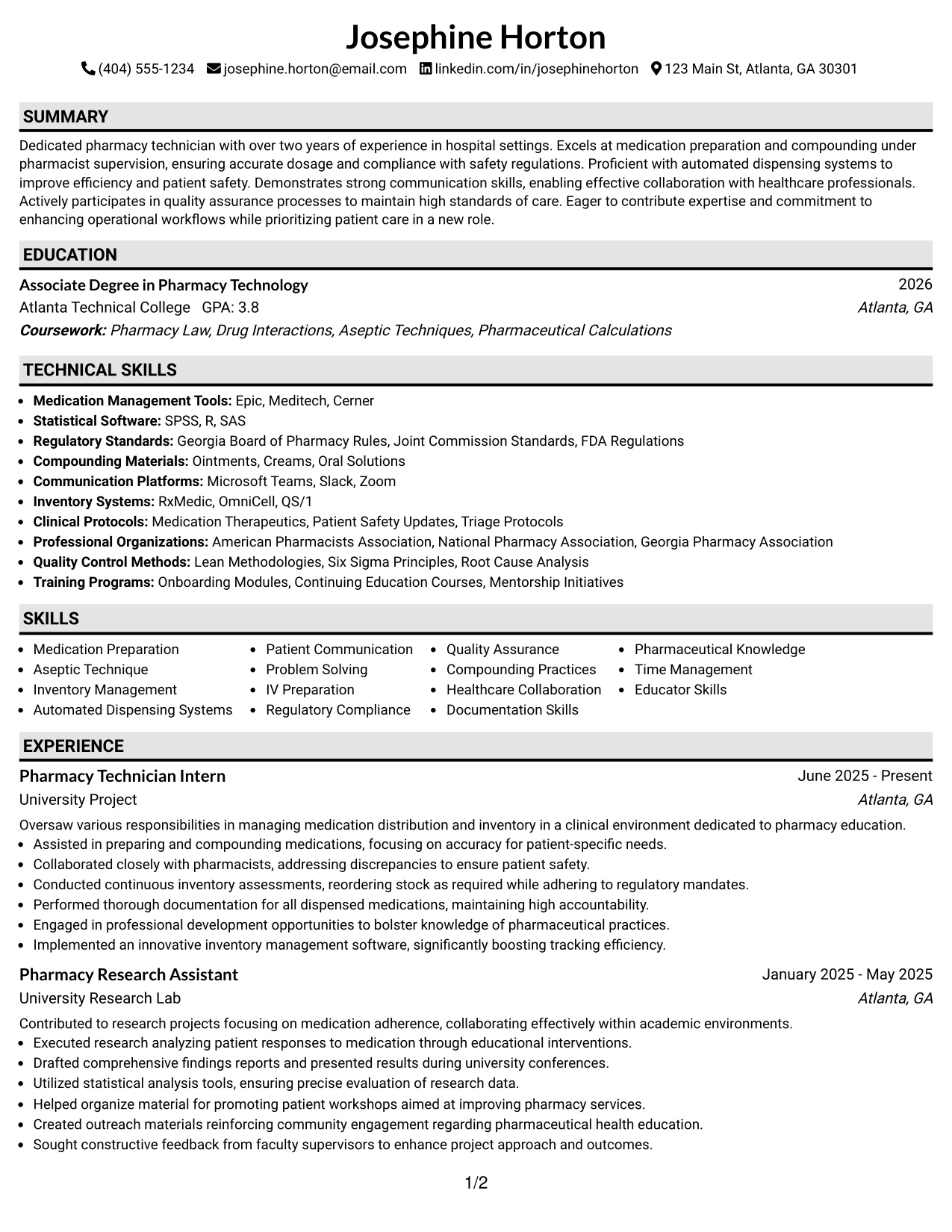 Resume Example Page 1