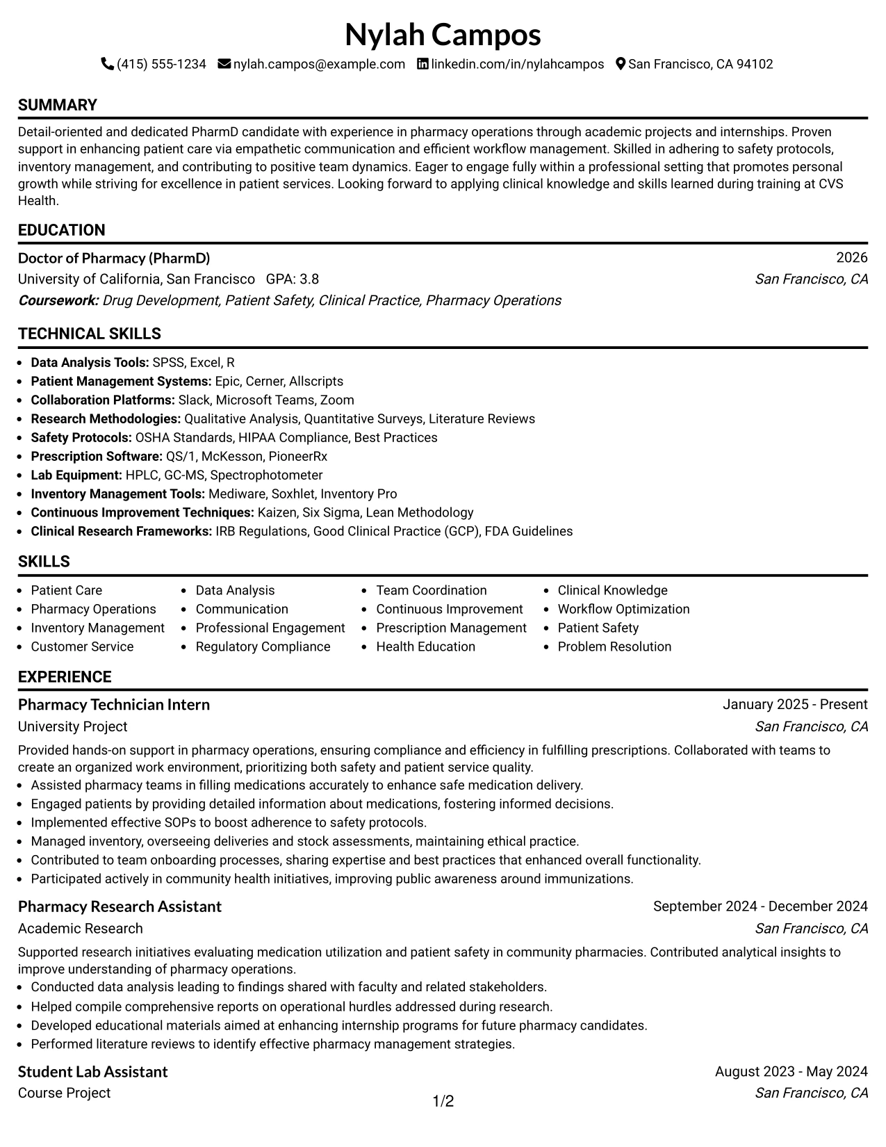 Resume Example Page 1