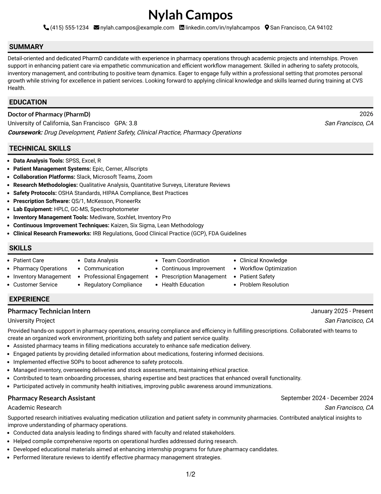 Resume Example Page 1