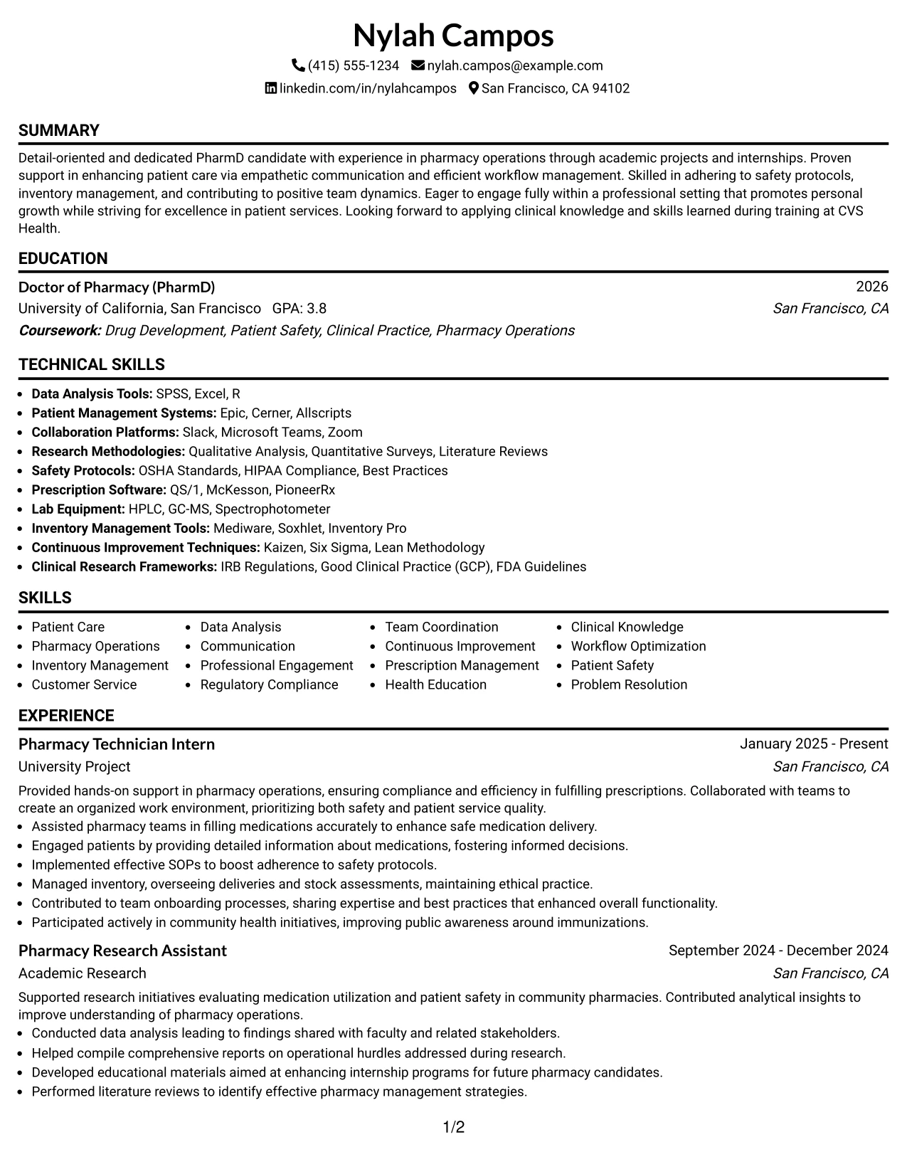 Resume Example Page 1