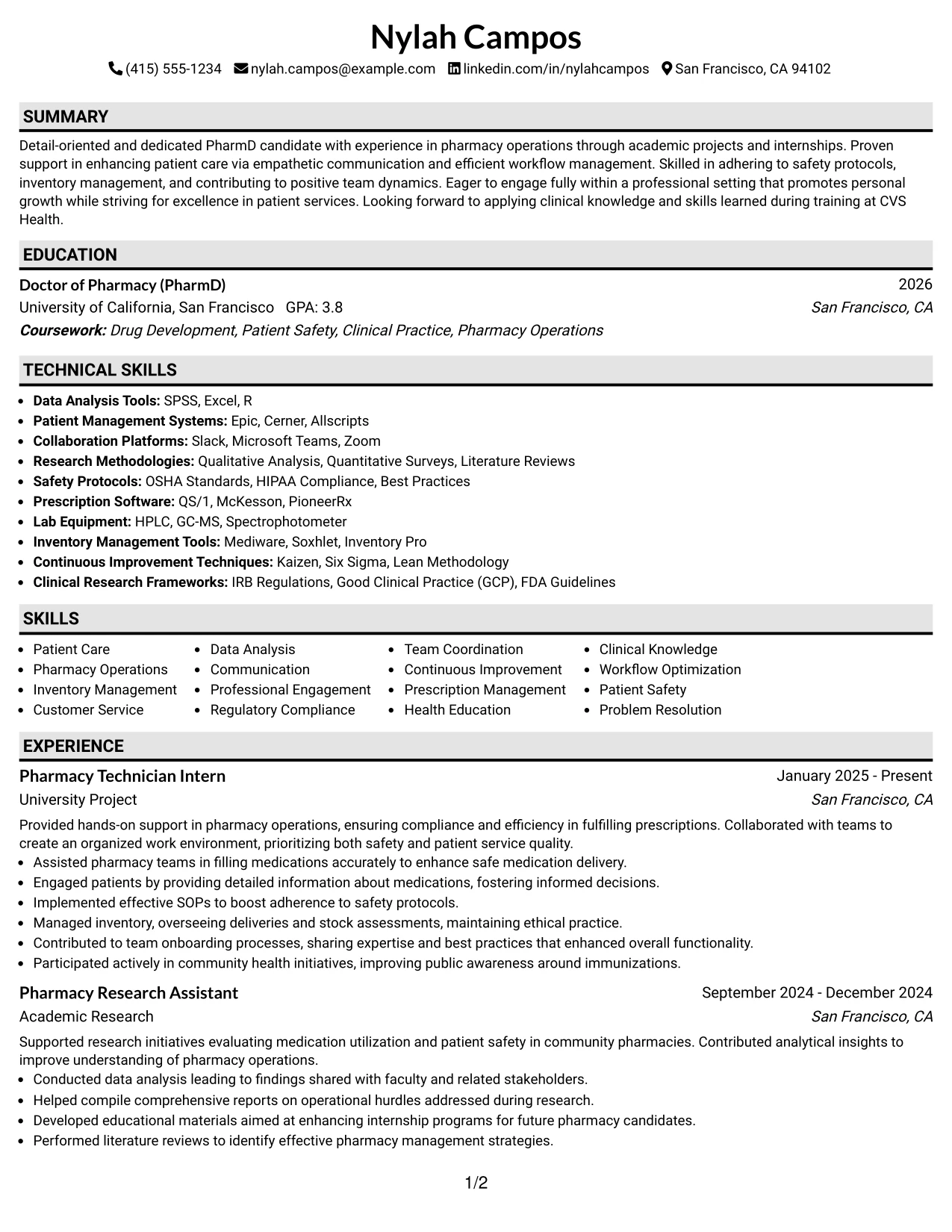Resume Example Page 1