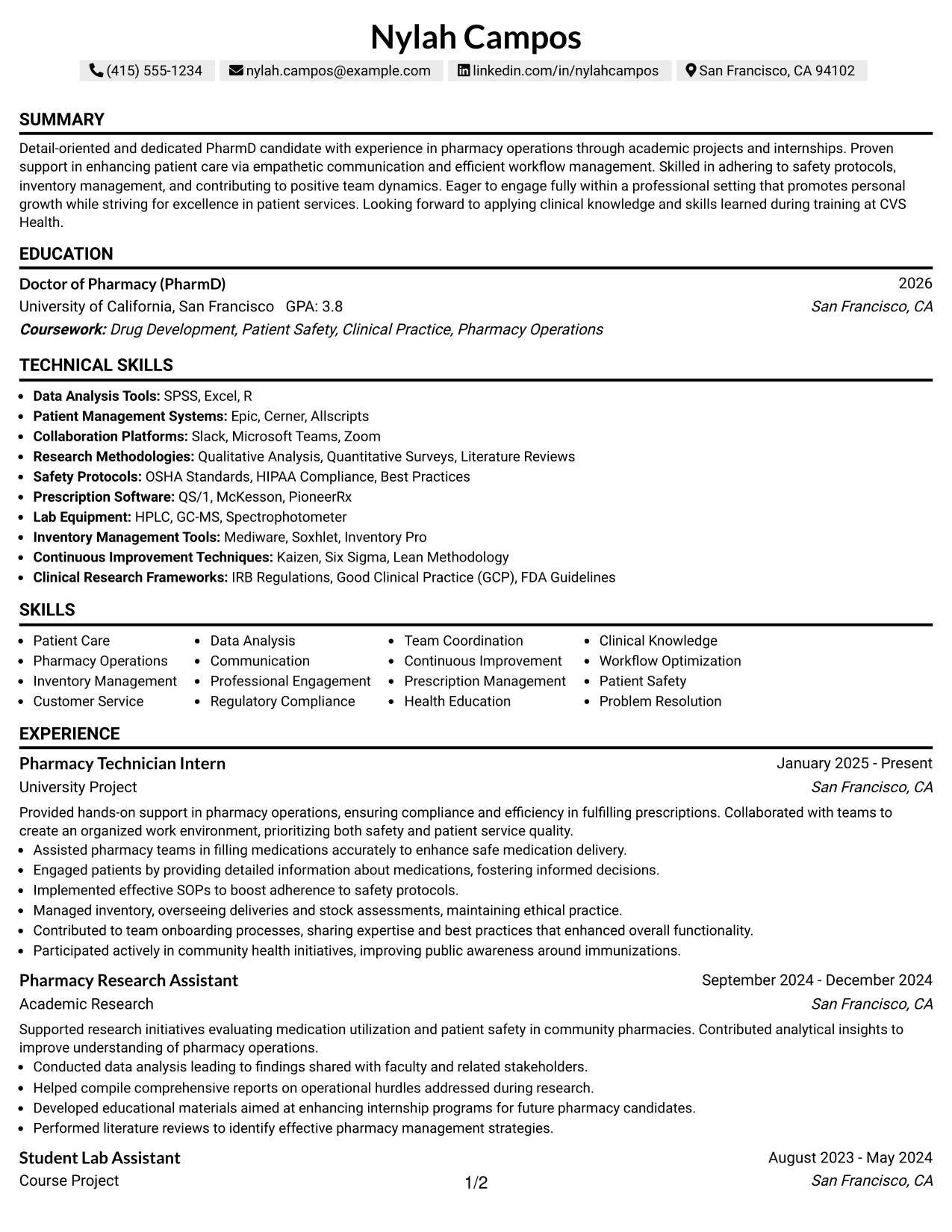 Resume Example Page 1