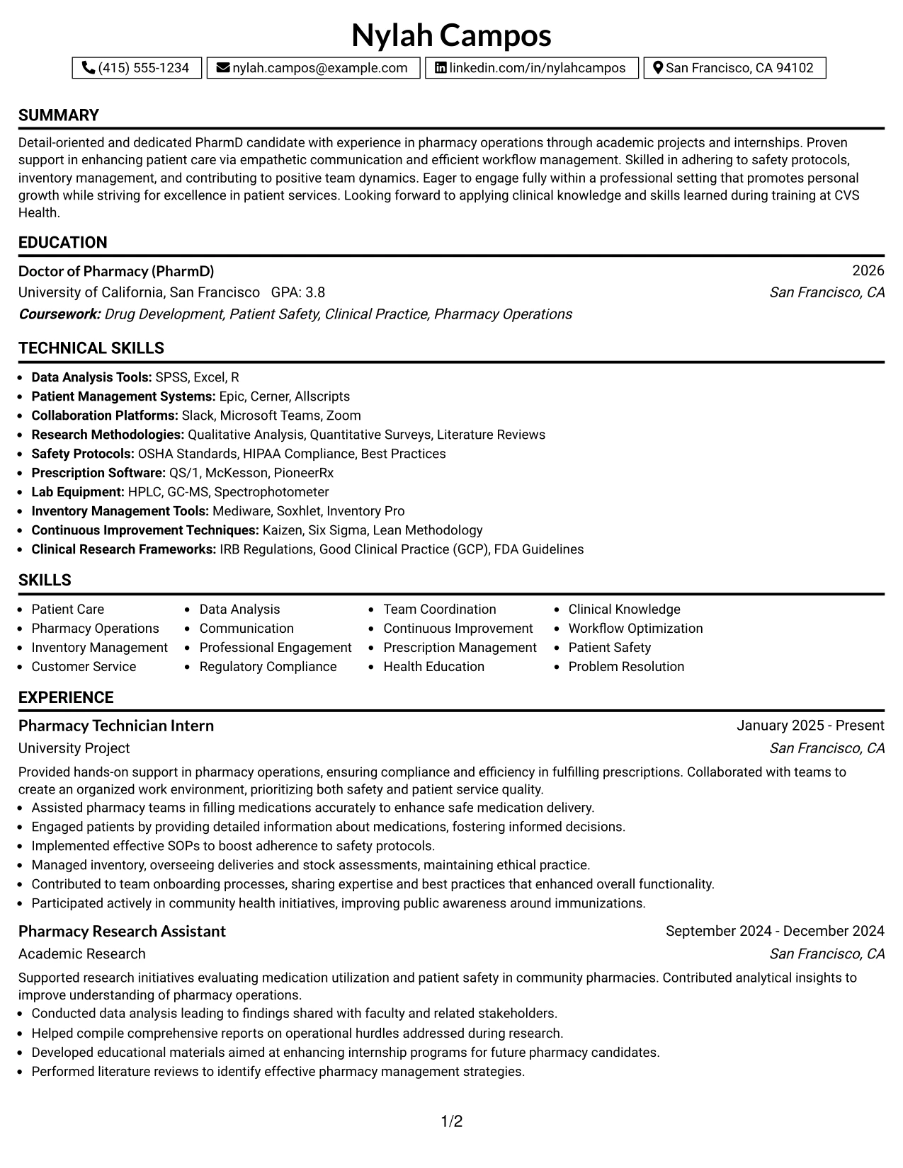 Resume Example Page 1