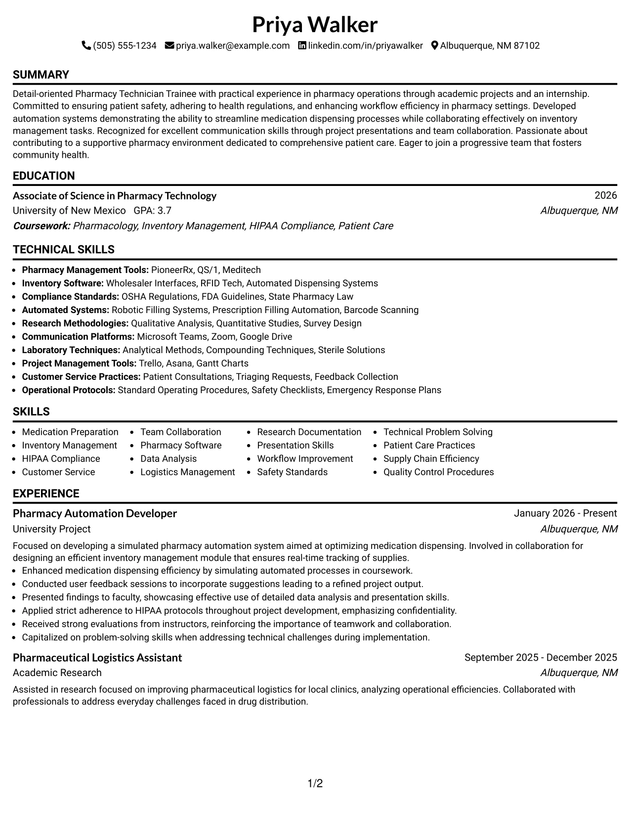 Resume Example Page 1