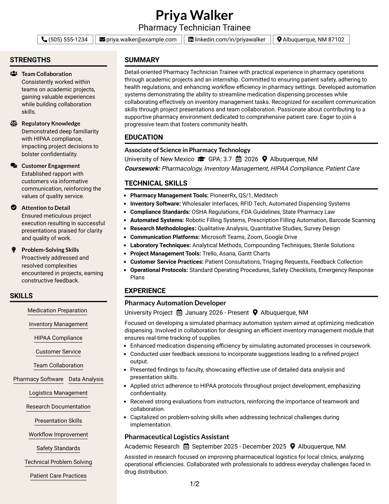 Resume Example Page 1