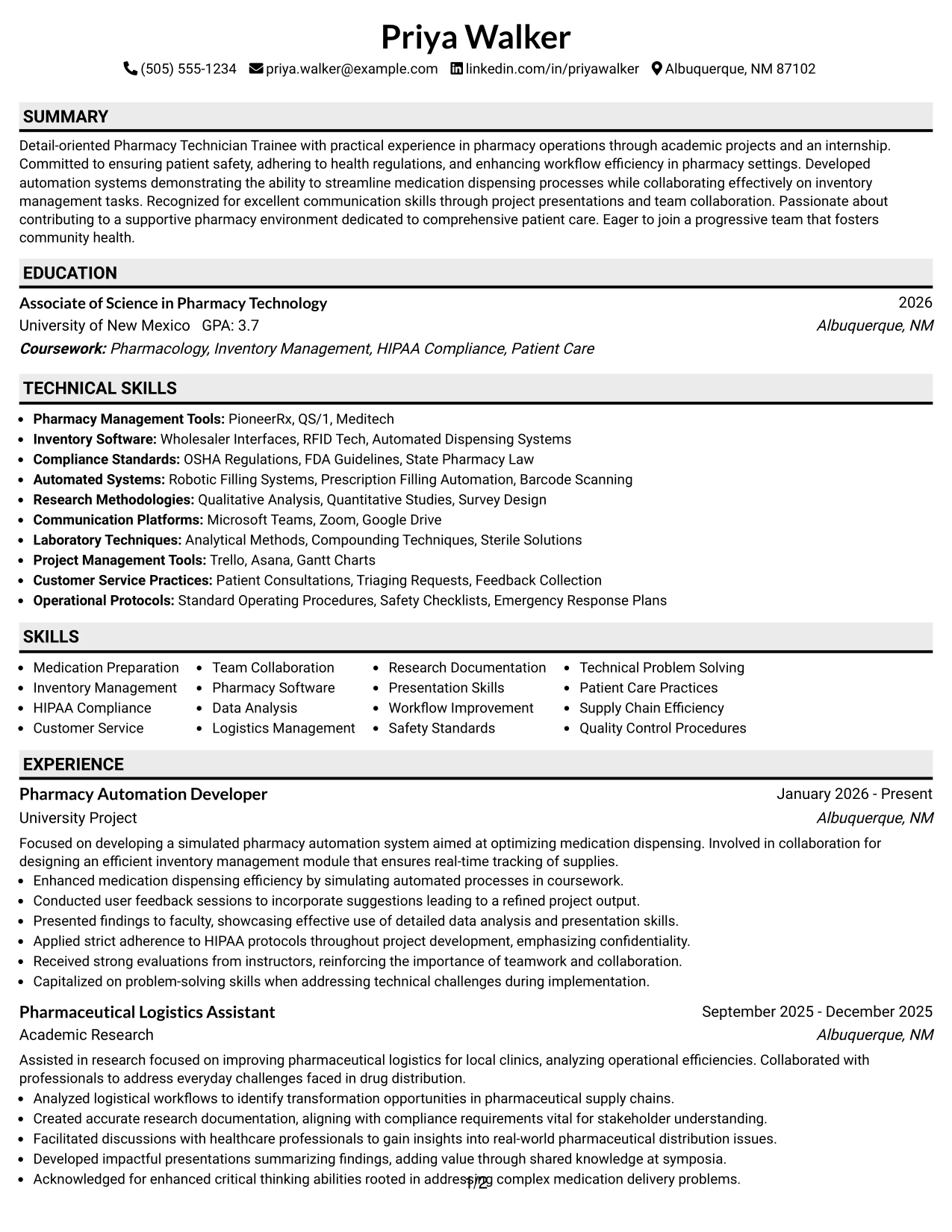 Resume Example Page 1