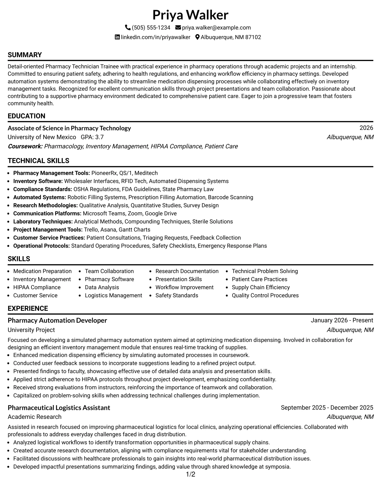 Resume Example Page 1